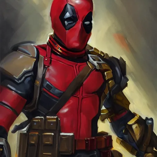 Image similar to greg manchess portrait painting of armored deadpool as overwatch character, medium shot, asymmetrical, profile picture, organic painting, sunny day, matte painting, bold shapes, hard edges, street art, trending on artstation, by huang guangjian and gil elvgren and sachin teng