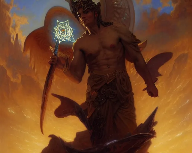 Image similar to attractive male deity, casting demonic magic, summoning handsome lucifer morning star. highly detailed painting by gaston bussiere, craig mullins, j. c. leyendecker 8 k