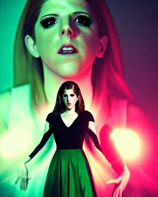 Prompt: Rachel Walpole art, David Villegas, cinematics lighting, beautiful Anna Kendrick supervillain, green dress with a black hood, angry, symmetrical face, Symmetrical eyes, full body, flying in the air over city, night time, red mood in background