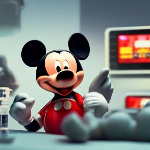 Image similar to hyperrealistic render, beeple art, octane render of giant mickey mouse figure, workers performing surgery on it, netflix logo in the background