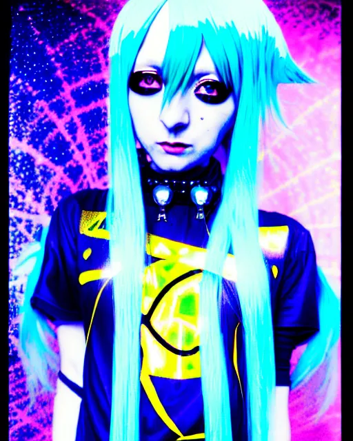 Image similar to a hologram of rimuru tempest with golden yellow eyes and sky blue hair, wearing black cybergoth emo stylish fashion clothing, holography, irridescent, baroque visual kei decora art