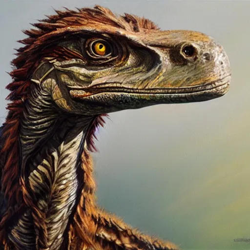 Image similar to oil painting of a velociraptor on canvas, by James gurney, realism, warm lighting, award winning, high detail, professional, volumetric lighting