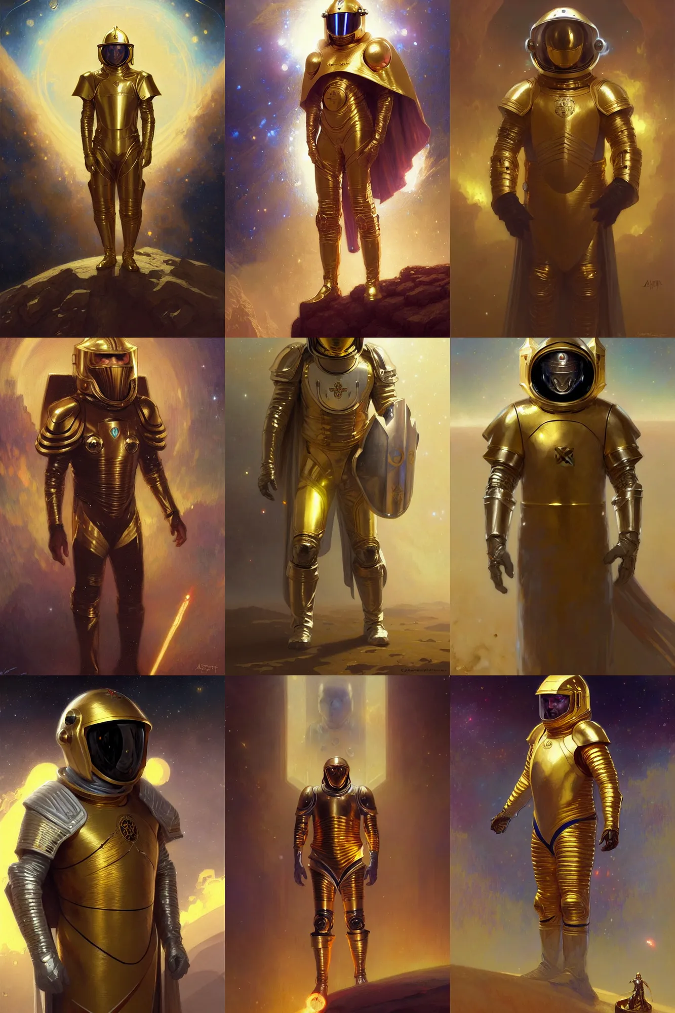 Prompt: knights templar in a space suit with gold cape, futurism, glowing inside helmet, character design, painting by gaston bussiere, greg rutkowski, artgerm, alphonse mucha, trending on artstation