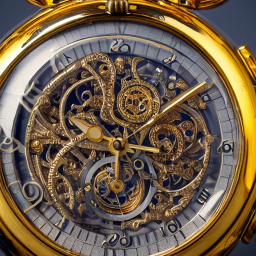 Image similar to a macro photo of a gold and silver mechanical pocketwatch, close - up, intricately detailed engravings, intricately detailed markings, intricate textures, warm lighting, vivid colors, realistic octane render, hyper realistic render, volumetric shading, depth of field, raytracing, 8 k,