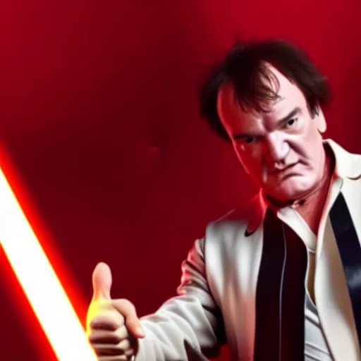 Image similar to quentin tarantino giving his thumbs up with his left hand, raising a lightsaber with his right hand. red background. cinematic trailer format.