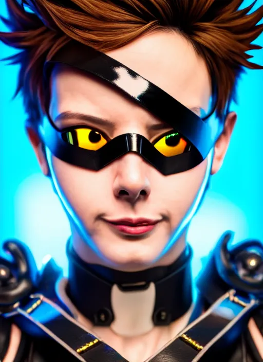 Image similar to hyperrealistic style portrait of tracer overwatch, confident pose, wearing black iridescent rainbow latex, 4 k, expressive happy smug expression, makeup, in style of mark arian, wearing detailed black leather collar, wearing sleek armor, black leather harness, expressive detailed face and eyes,