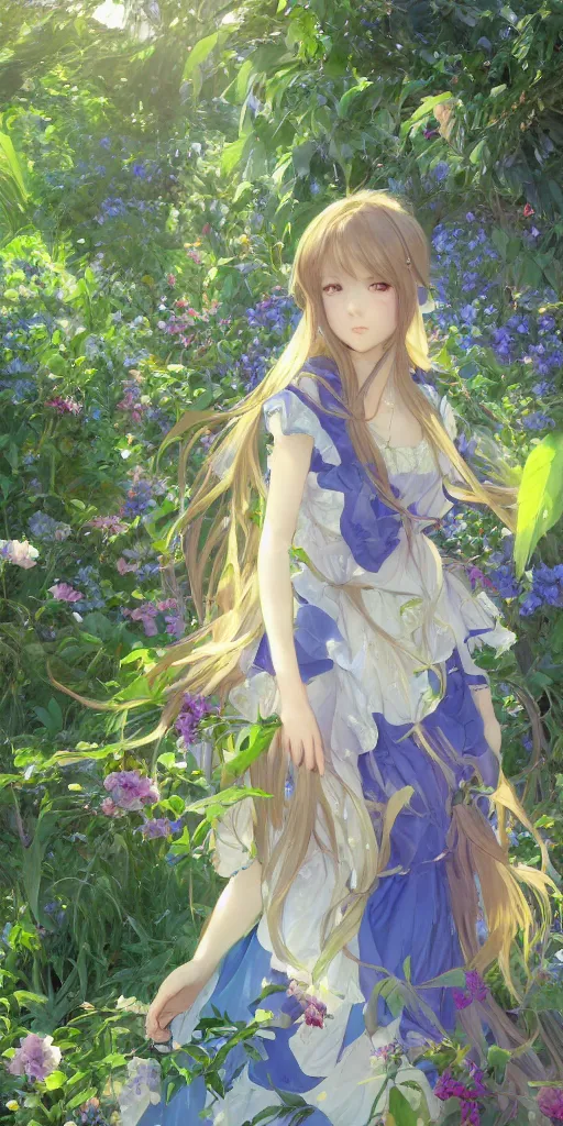 Prompt: a digital art of a loli with long hair in a dress in the privet garden at after noon, green and warm theme, blue flowers, low angle, back lighting, by krenz cushart and mucha and akihito yoshida and greg rutkowski, highly detailed, 4 k resolution, trending on art station