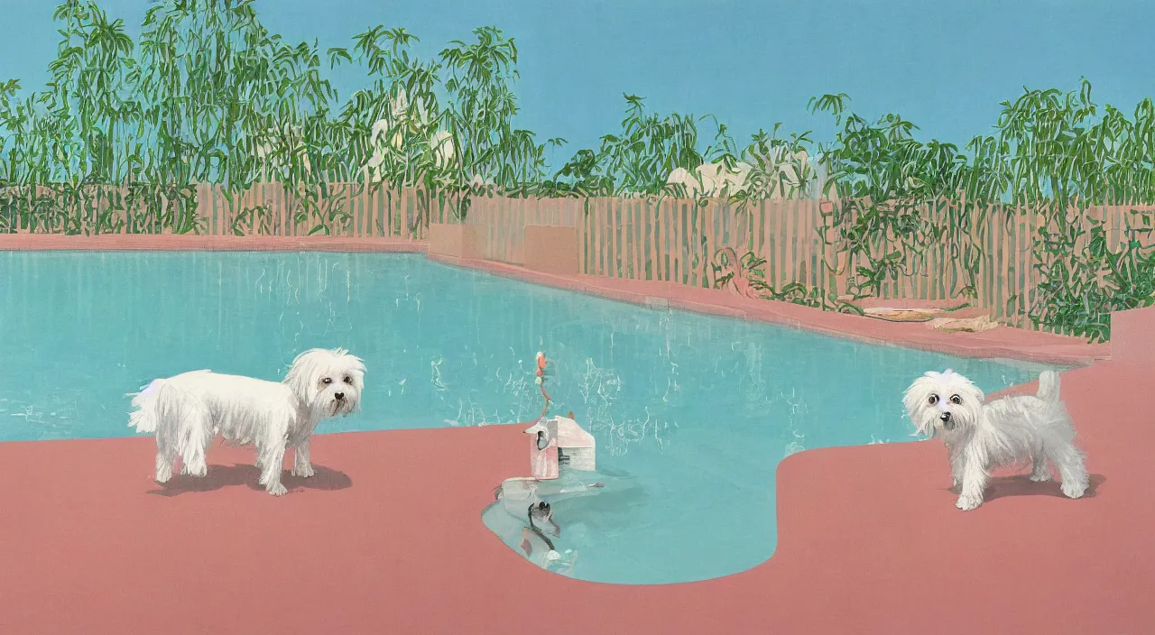 Image similar to a cream colored havanese dog at the swimming pool at a mid century modern house in palm springs by david hockney