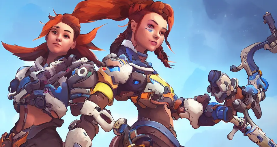 Image similar to overwatch, brigitte, horizon zero dawn, aloy, digital art