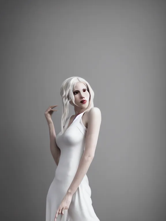 Image similar to photo of gorgeous seductive tall emily skinner cosplaying annie leonhart wearing open toe heels, wearing tight white dress, in a white room, beautiful face, pale skin, rule of thirds, cinematic lighting, sharp focus, backlit, stunning, smooth, hard focus, full body shot, studio photo, shot on sony a 7 iii