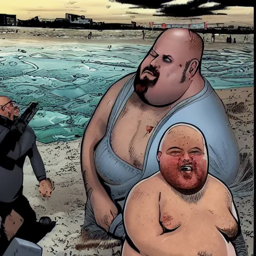 Prompt: obese ethan van sciver with a bald head and grey trimmed beard has washed up on a beach, horrified onlookers gasp