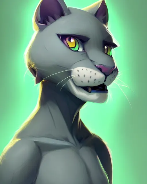 Image similar to character concept art of a cute young male anthropomorphic furry gray panther green hair | | cute - fine - face, pretty face, key visual, realistic shaded perfect face, fine details by stanley artgerm lau, wlop, rossdraws, james jean, andrei riabovitchev, marc simonetti, and sakimichan, trending on artstation