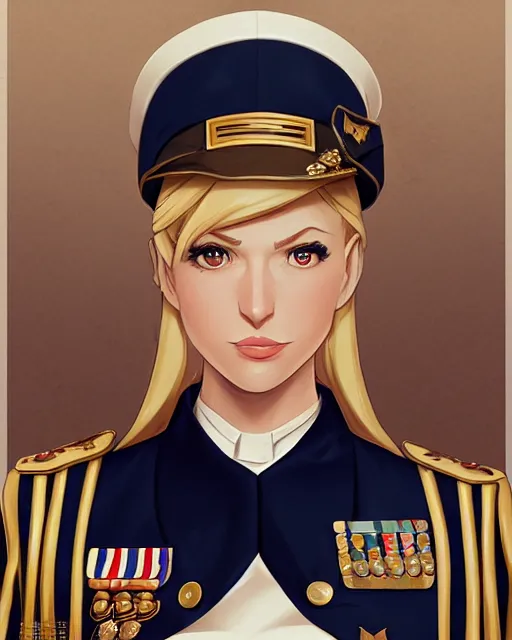 Prompt: A blonde woman in a navy blue military dress uniform, visualartzi, dieselpunk, anime, concept art by Karla Ortiz, James Paick, Charlie Bowater, Krenz Cushart, highly detailed, ultra detailed, ultra realistic, trending on artstation, cgstudio