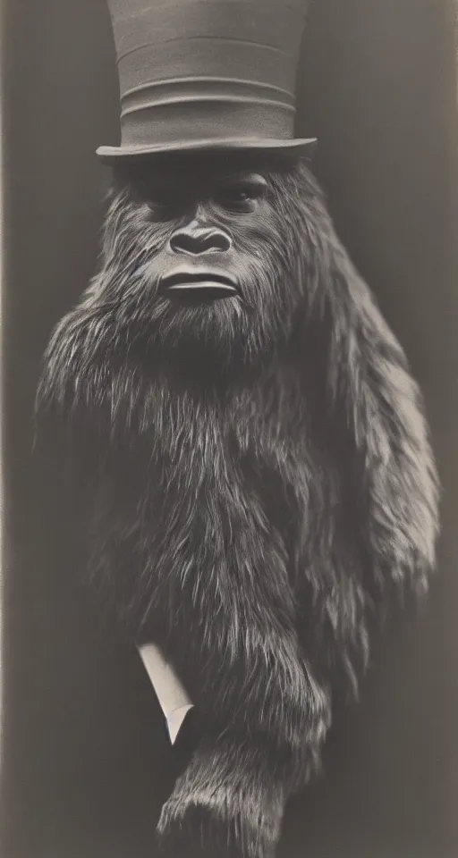 Image similar to a vintage wet plate portrait of a dignified bigfoot with a top hat and cane, extremely detailed, by yousuf karsh!!!!!!!!!!!!!!!!!!