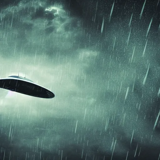 Image similar to sci fi spaceship flying under rain