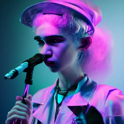 Prompt: grimes [ performing live ]!! onstage, volumetric neon lights in the background, gleaming, 3 5 mm photography, portrait!!!!!!, trending on artstation, 4 k, 8 k, zbrush, mannerism