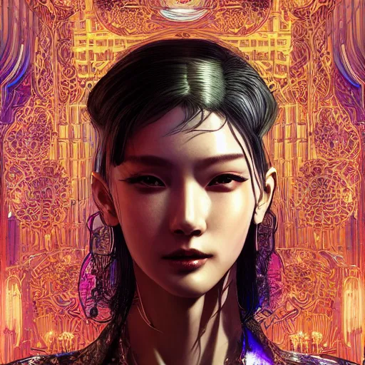 Prompt: the portrait of an absurdly beautiful, graceful, elegant, sophisticated, fashionable cyberpunk gravure idol, an ultrafine hyperdetailed illustration by kim jung gi, irakli nadar, hong june hyung, intricate linework, bright colors, porcelain skin, gold plated, unreal engine 5 highly rendered, iridescent, global illumination, radiant light, detailed and intricate environment