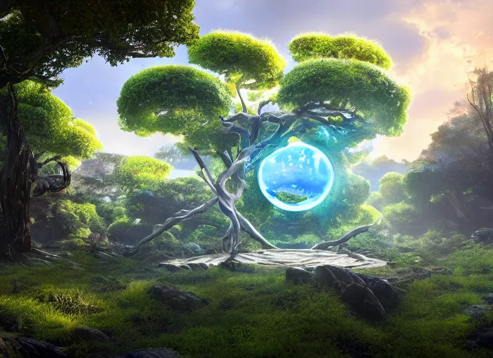 Image similar to portal tree on a luminescent crystal biome that looks like a movie shot by pixar, ultra detailed, fantasy, hyper realism, art, smooth, beautiful art, masterpiece, landscape, cinematic, wet reflections, ray tracing x, rtx, smooth