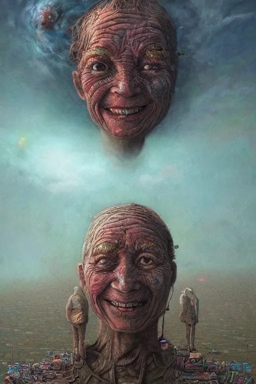 Image similar to 4K Stunningly detailed Ancient Beautiful happy portrait of a Smile inspired in beksinski and dan mumford work, 4K Upscale remixed with Simon Stalenhag work, sitting on the cosmic cloudscape