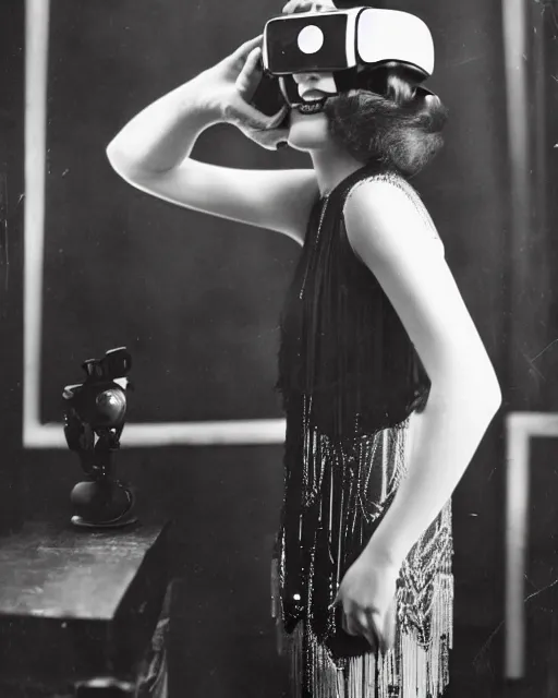 Image similar to 1 9 2 0 s photo of a flapper girl wearing a vr headset on a stage in a speakeasy