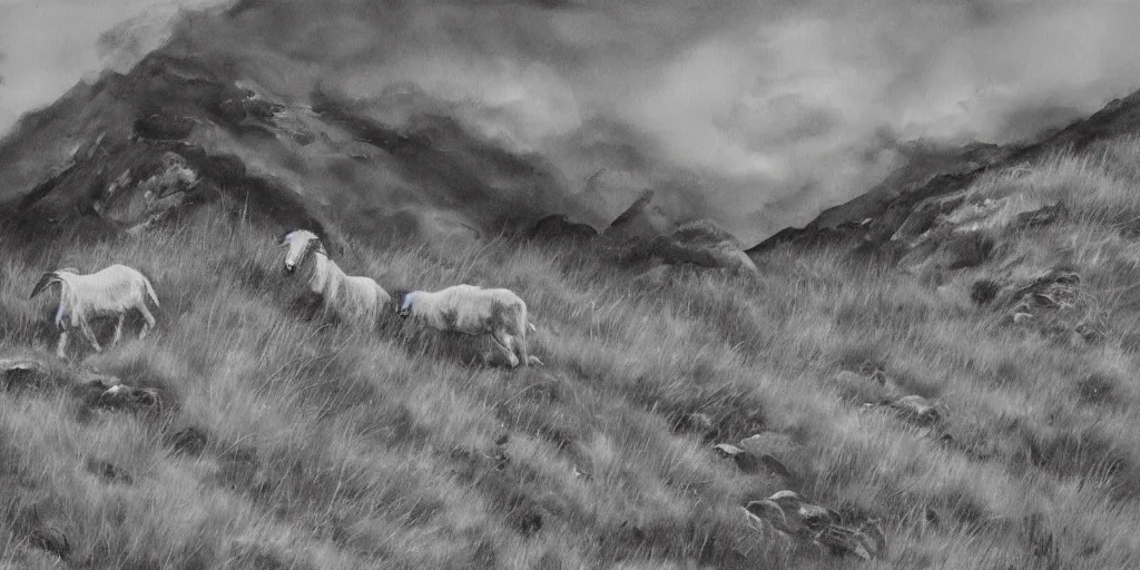 Prompt: painting of hill goats grazing in cold craggy highlands, grey, overcast