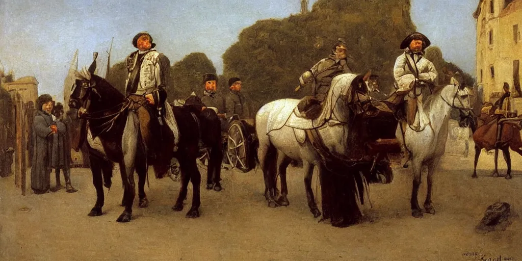 Prompt: oil painting of hegel on foot in a street in jena greeting napoleon on horseback as incarnation of the world spirit, realist painting, gustave courbet, jules bastien - lepage, incredible detail, natural light