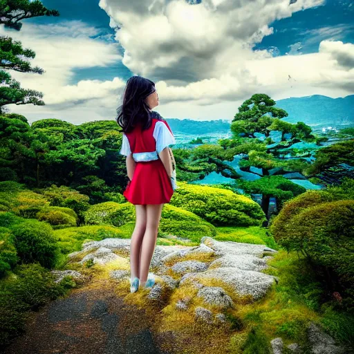 Image similar to a beautiful photograph of a girl with japan landscape in the background with trees, hdr, 8 k, high quality, sharp focus, artstation, highly detailed, award - winning, dramatic lighting, beautiful clouds, and nature