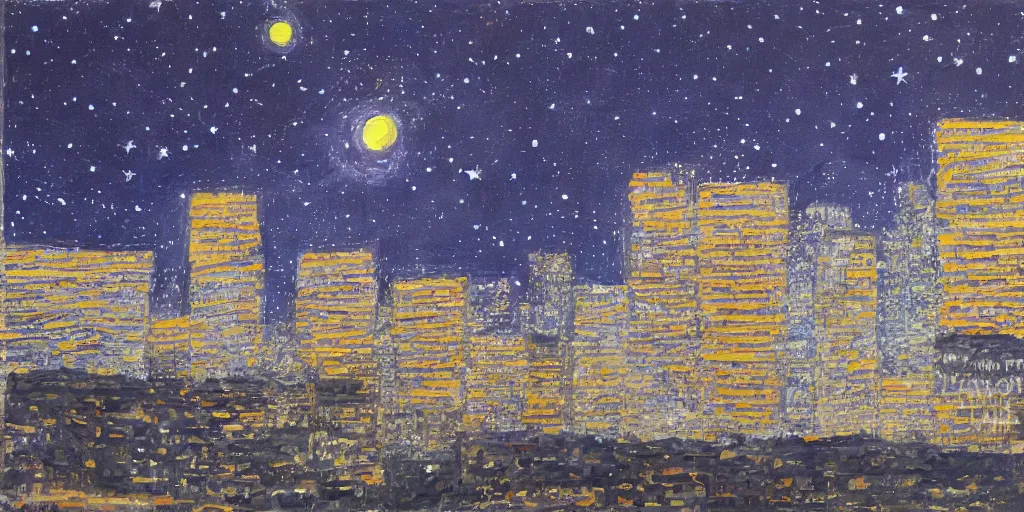 Image similar to stary night painting, norman foster tower, house, city