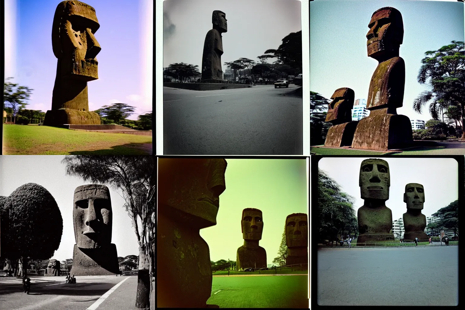 Prompt: moai statue walking in sao paulo, realistic image, analog polaroid taken in 1 9 9 8