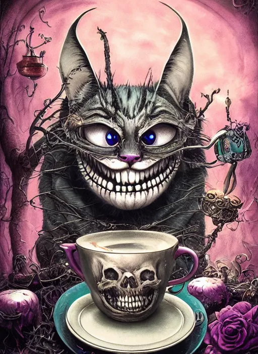 Image similar to Cheshire Cat drinking tea with Mad hatter, death tarot card,highly detailed,half skull face,cinematic,8k,by Stanley Artgermm,Tom Bagshaw,Greg Rutkowski,Carne Griffiths, Ayami Kojima, Beksinski, Giger,trending on DeviantArt,hyper detailed,horror, full of colour