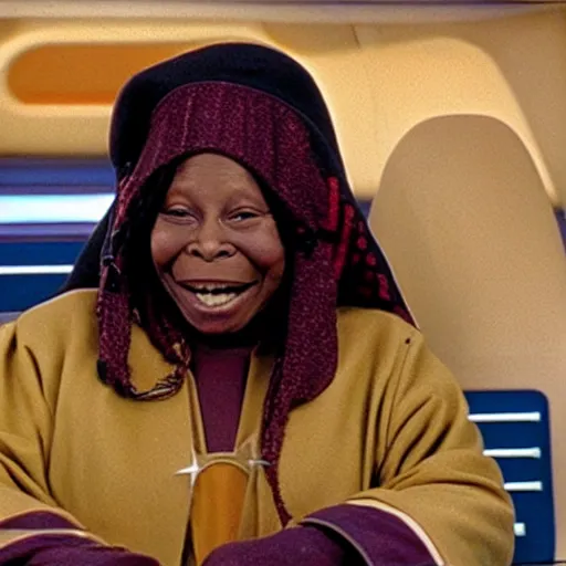 Prompt: whoopi goldberg as guinan from star trek wearing random colored geometric shapes on her head on the starship enterprise