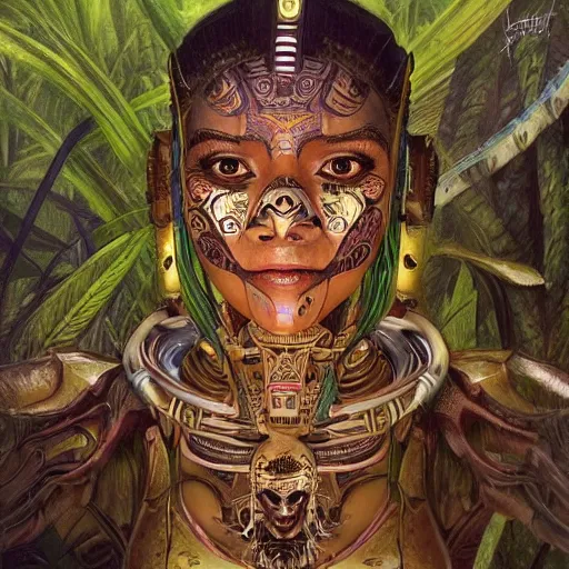 Image similar to An Alien Robot Mayan Ruler, facial tattoos, artists portrait, biomechanical, wild jungle, fantasy, highly detailed, digital painting, concept art, sharp focus, depth of field blur, illustration, art by artgerm and greg rutkowski and alphonse mucha