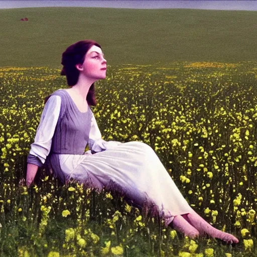 Image similar to a 1 9 7 7 beautiful woman and a 3 d rendering of an anthropomorphic apple in a meadow, color film still 1 9 7 7, tarkovsky