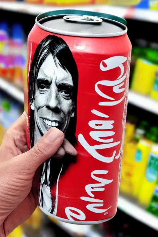 Image similar to a hand holding a tall soda can with iggy pop's face on the label, inside a supermarket