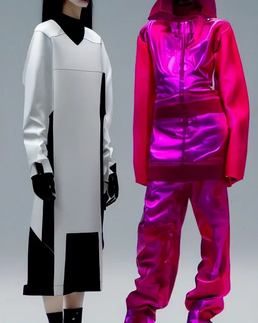 Prompt: a fashion photograph for Balenciaga's cyberpunk Bladerunner 2049 fashion line, dazzle camouflage, dayglo pink, dayglo blue, pearlescent white, raven black