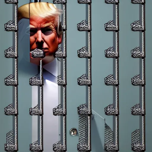 Image similar to donald trump in prison behind bars dressed in prison clothing