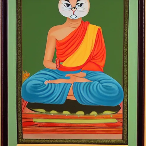 Image similar to canvas painting of cat buddhist monk cartoon, meditating, sitting, front view, eyes closed