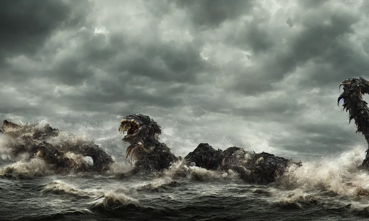 Prompt: a gigantic monster that looks like a mixture of monkfish with crocodile limbs, wet and slimy with a very large mouth, is coming out of the sea dragging its enormous weight with effort on a beach, there are people fleeing in terror, photo-realistic, stormy sky, photo by national geographical