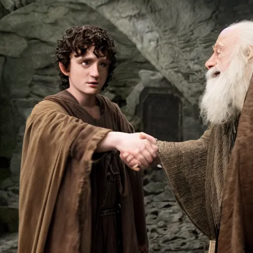 Image similar to frodo baggins meeting dumbledor, cinematic