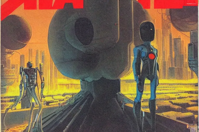 Prompt: 1979 OMNI Magazine Cover depicting a tall creepy man standing in a lair. Cyberpunk Akira style by Vincent Di Fate