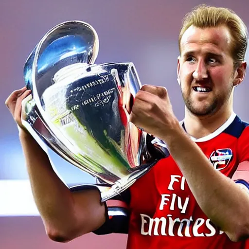 Image similar to harry kane lifting the uefa champions league as an arsenal player, photorealistic, sports photo, dramatic, sharp focus, extreme detail, night