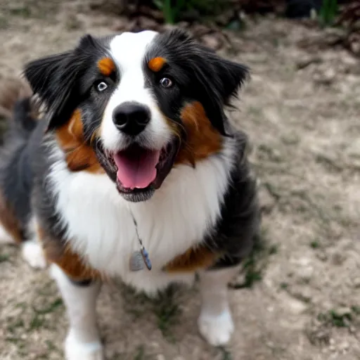 Prompt: australian shepherd being a good boy, inferno