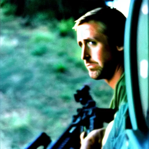 Prompt: film still, extreme far view, ryan gosling, jungle, vietnam door gunner, apocalypse now, associated press, 2 6 mm, kodak ektachrome, blue tint expired film