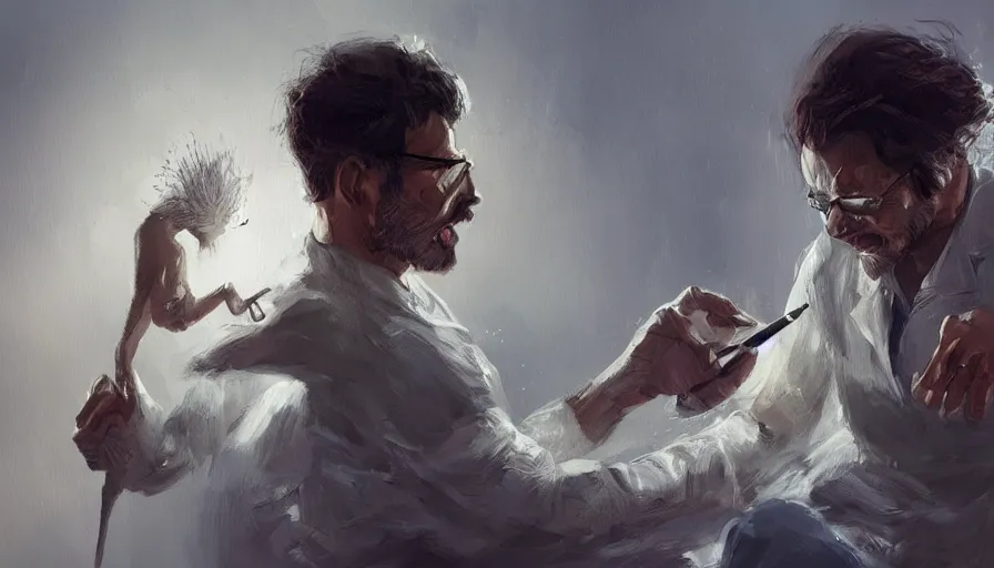 Prompt: concept art of a scientist creating a new specie by jama jurabaev, cinematic shot, brush hard, artstation, high quality, brush stroke