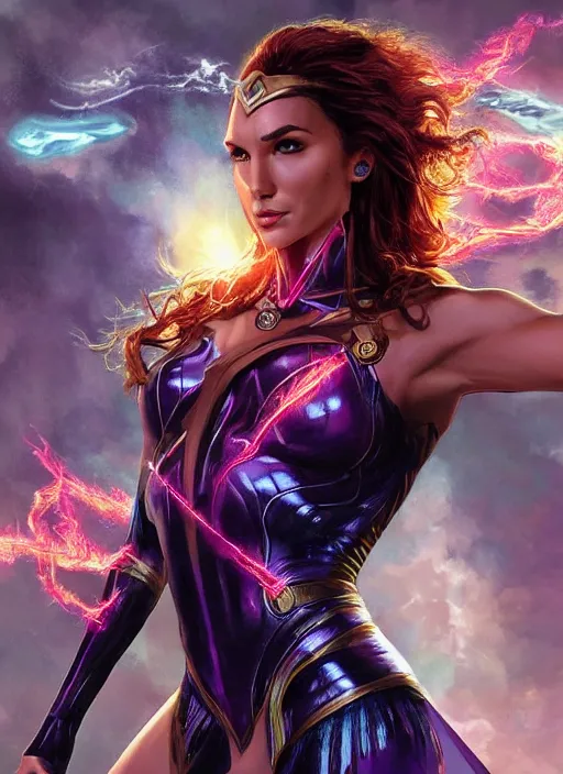 Image similar to front portrait hands behind body pose of attractive Gal Gadot as Starfire with ginger wavy hair, hands behind her body pose!, Intricate overlay flames imagery , D&D!, fantasy style, sharp focus!, ultra detailed, art by Artgerm and Peter Andrew Jones, WLUP