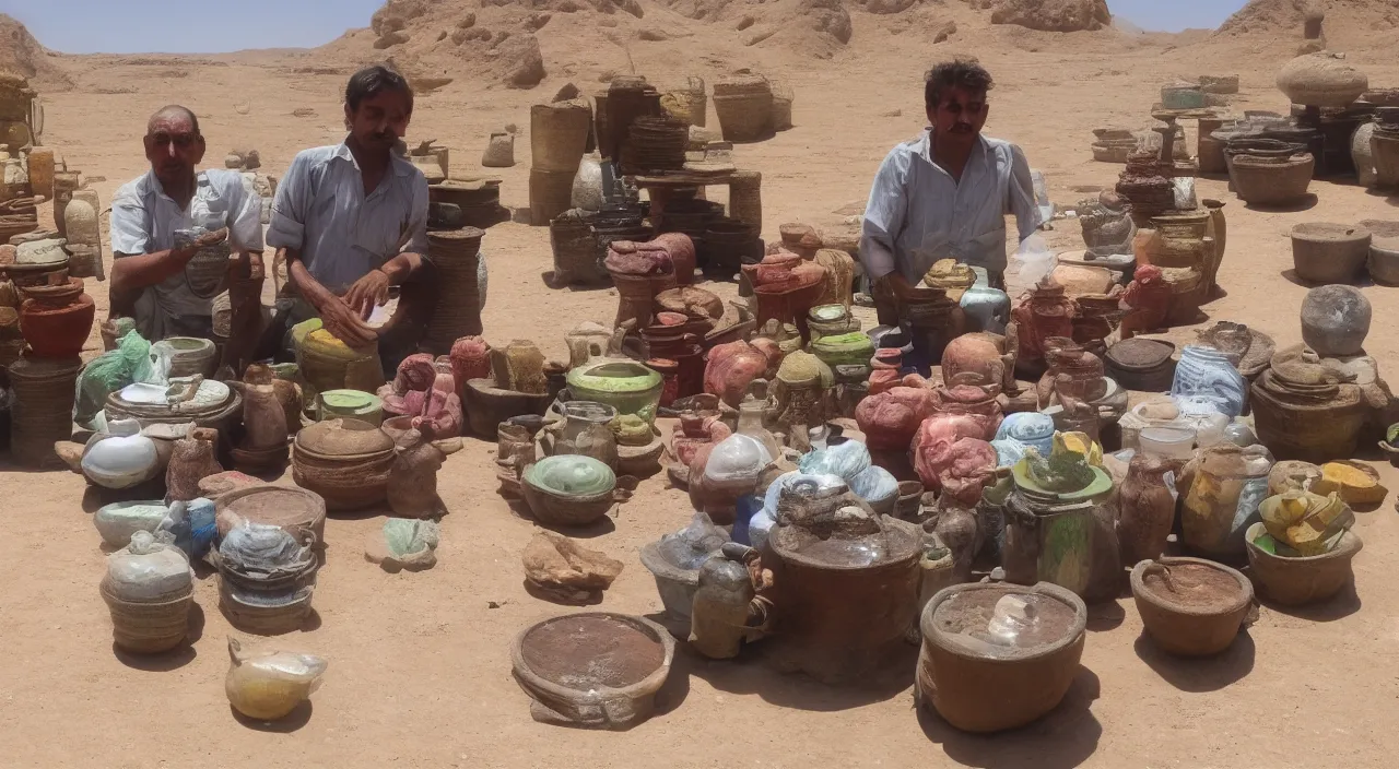 Image similar to A desert shopkeeper selling canteens