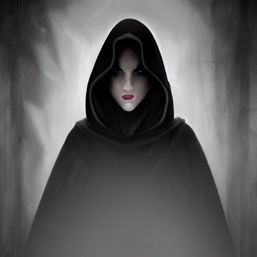 Image similar to Beautiful portrait of a mysterious hooded woman wearing robes all black, face shrouded in darkness, true romance, dark romance, dark fantasy, trending on artstation, cgsociety