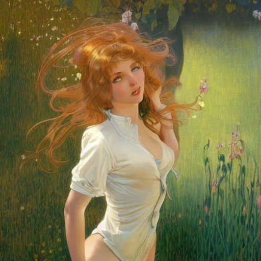 Image similar to A playful young woman with blonde long hair and bangs in shorts and a white blouse drawn by Robert McGinnis and Julie Bell and Zeronis and alphonse mucha, background by James Jean and gustav klimt, 4k, sunny day, volumetric lighting, french nouveau, trending on artstation, octane render, hyperrealistic