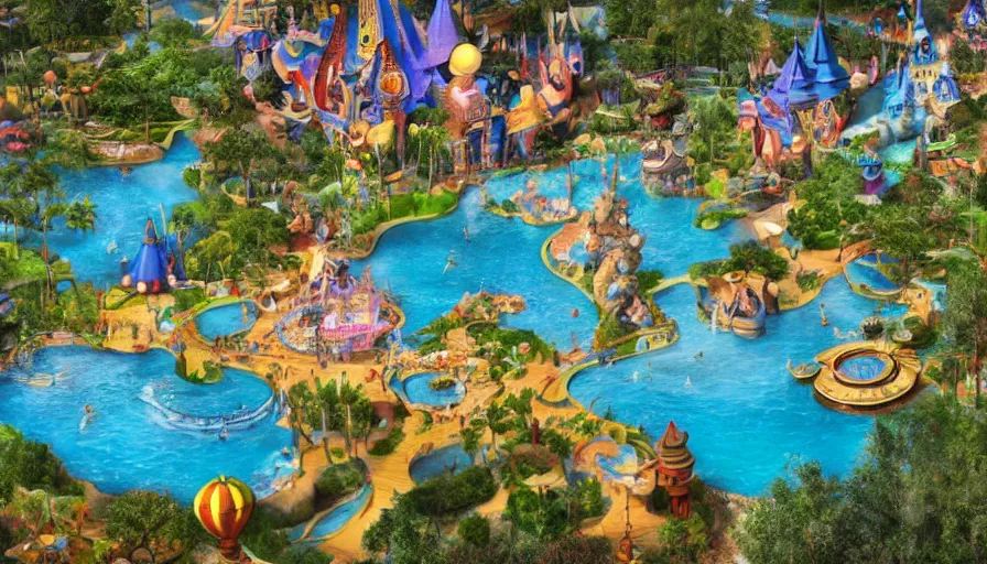 Image similar to disney world, it ’ s a small world ride landscape, kidney shaped swimming pools, unreal engine, realistic shading, realistic render, octane render, detailed textures, photorealistic, wide shot