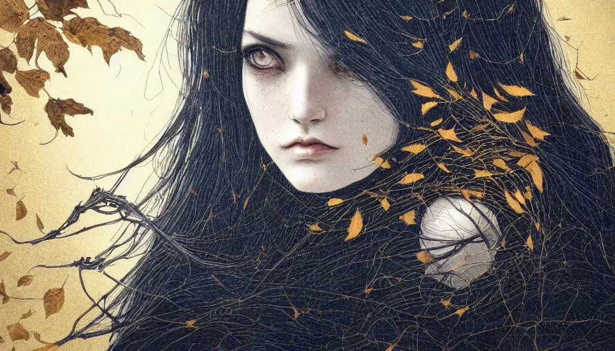 Image similar to dark colors, golden leaves at frame border, creative!!! composition for a book cover!!!, absurdly beautiful, ultrafine hyperrealistic detailed old!! witch face by wlop and artgerm and greg rutkowski, intricate linework, sharp focus, smooth, octopath traveler, final fantasy, unreal engine, dramatic lighting, ethereal, 8 k